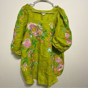 Sundance Catalog Green Floral  Embroidered  Bohemian Peasant Top Size XXL